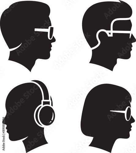 Silhouettes of people wearing technology accessories, shown from different viewpoints and profiles, illustrating various modern styles and gadgets.