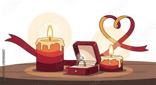Romantic proposal scene with lit candles engagement ring in a box and heart ribbon symbolizing love and commitment for wedding or anniversary
