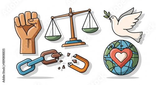 Collection of symbols for justice freedom and peace including a raised fist broken chain scales of justice dove with olive branch and a globe with heart hand-drawn illustration for concepts