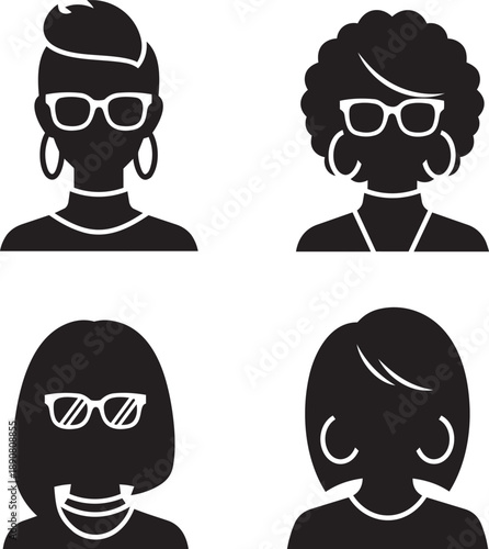 Collection of diverse women silhouettes with unique hairstyles and accessories in a graphic illustration