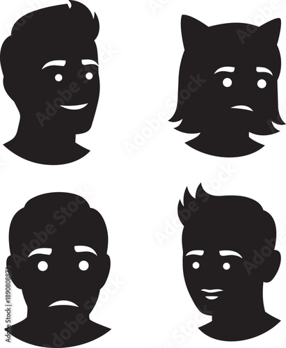 Collection of diverse facial expressions and character designs in monochrome silhouettes
