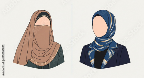 Two women wearing different styles of hijab and niqab representing Islamic fashion and cultural diversity isolated on a neutral background