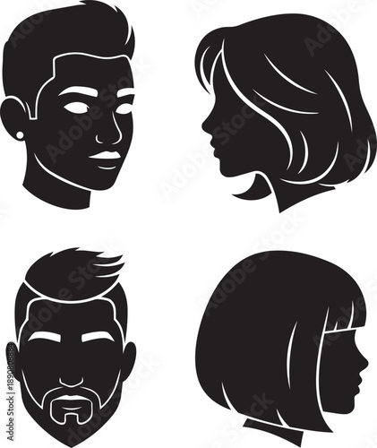 Silhouette Illustrations of Four Individuals with Diverse Hairstyles and Facial Features