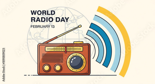 World Radio Day illustration with vintage radio and broadcast waves celebrating communication and music on February 13th vector graphic