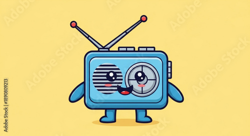 Cute cartoon blue radio character with antennas a fun vector illustration for childrens media isolated on a yellow background