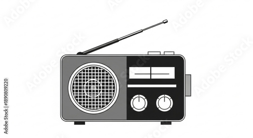Vintage portable radio with antenna retro audio device illustration for music and broadcasting concepts isolated on white
