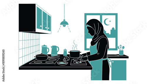 Woman Cooking in Modern Kitchen with Hijab in Minimalist Illustration with Teal Color Scheme for Cultural Representation