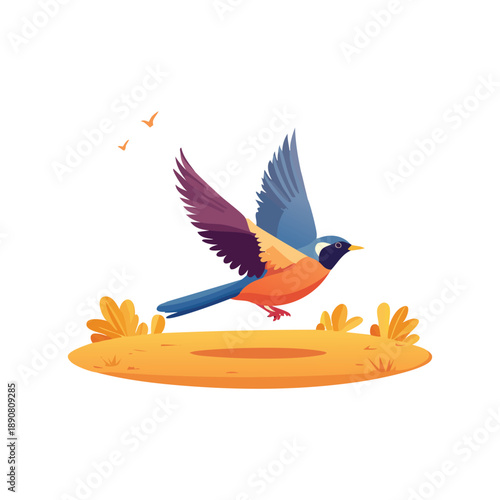 Colorful bird in mid-flight over a circular yellow platform with plants, illustrated in a modern vector art style.
