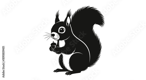 Silhouette of a squirrel holding a nut in its paws with a bushy tail.
