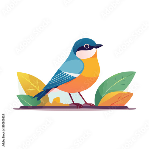 Colorful bird perched on branch surrounded by autumn leaves in a serene natural setting viewed from the side c55.eps