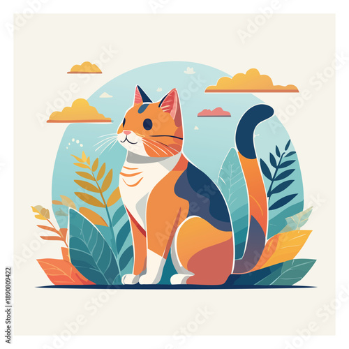 Vibrant cat sitting amidst lush foliage, surrounded by whimsical clouds, in a serene illustration, c57.eps