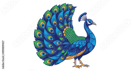 Colorful peacock with vibrant blue and green feathers displaying its tail.