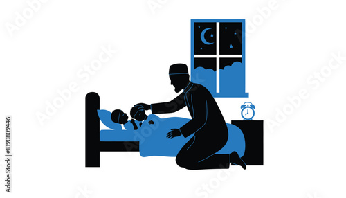 Father soothing baby in bed at night with calm serene atmosphere in blue monochromatic lighting for parenting blog