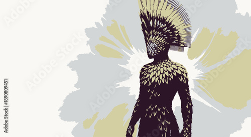 Artistic illustration of a stylized figure with a feathered headdress and abstract floral background.