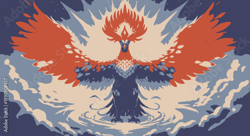 Illustration of a fiery phoenix rising from the ashes with vibrant flames and dynamic wings.