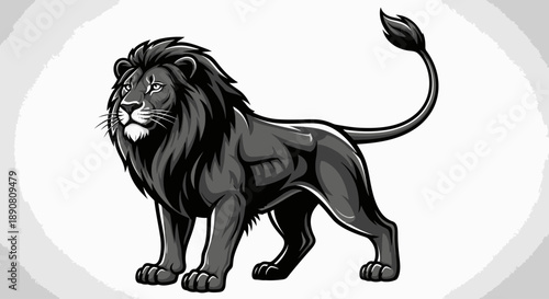 Illustration of a majestic black lion standing confidently with a detailed mane.