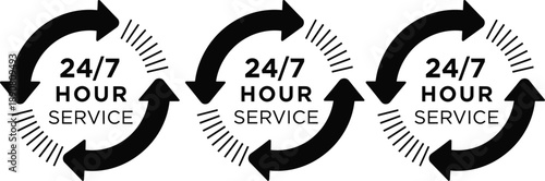 24/7 service icons set, customer support symbol, round arrows, isolated vector