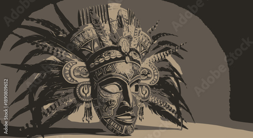 Traditional tribal mask with intricate feather headdress and detailed facial carvings.