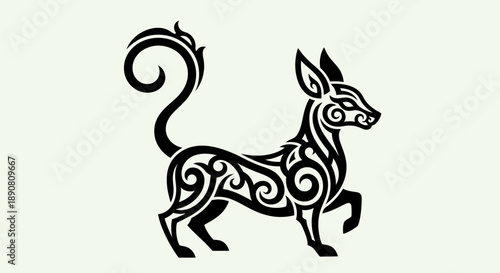 Black tribal style mythical creature illustration with curled tail and intricate patterns.