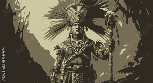 Ancient warrior in traditional Aztec ceremonial attire with feathered headdress.