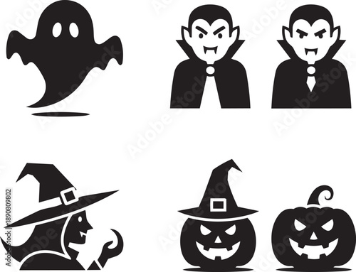 A set of black silhouettes depicting Halloween characters including ghost, vampires, witch, and pumpkins on a plain background