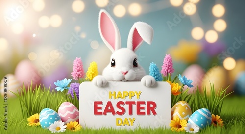 Easter bunny holding happy easter sign in grass