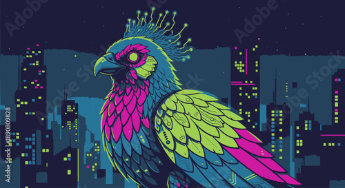 Colorful neon bird perched against a futuristic cityscape at night.