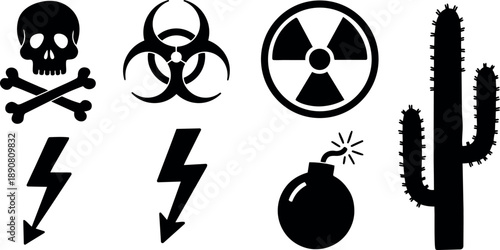 Minimalist black icon set including skull and crossbones biohazard sign radioactivity bomb cactus silhouette symbols flat design