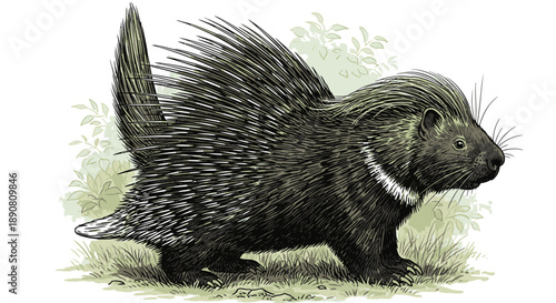 Detailed illustration of a porcupine showing its quills and natural habitat.