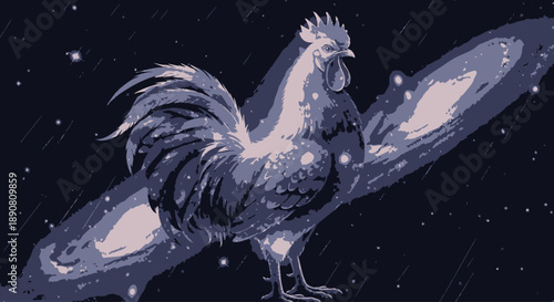 Artistic digital painting of a rooster standing on a surfboard in a cosmic starry background.