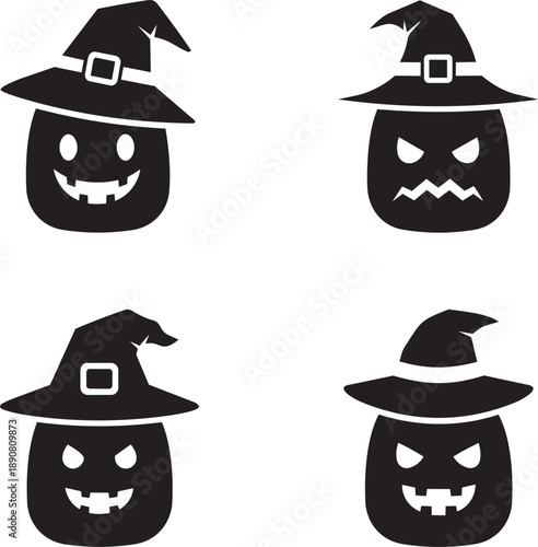 Four Halloween-themed pumpkin faces with different emotions wearing witch hats, illustrated in a simple style.