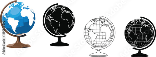 World globe illustration set with 3D color, silhouette, and line art versions for geography and global business branding vector