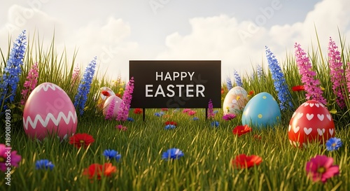 Easter celebration with decorated eggs and flowers