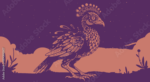 Illustration of a stylized bird with intricate feather details on a purple and orange background.