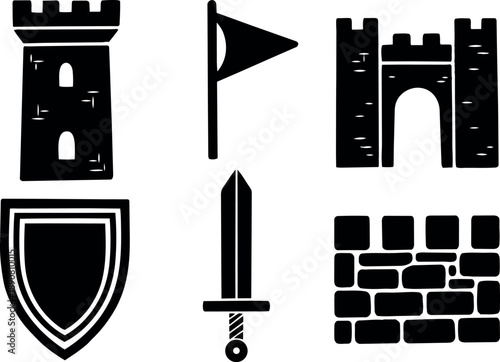 Minimalist black and white medieval castle tower flag sword shield and stone wall vector icons set