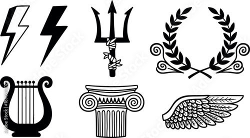 Classic black and white vector art set featuring ancient greek symbols including lightning bolts, trident, laurel wreath, lyre, column, and wing illustration