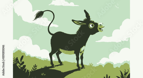 Illustration of a black donkey standing on grass with a green cloudy sky background.