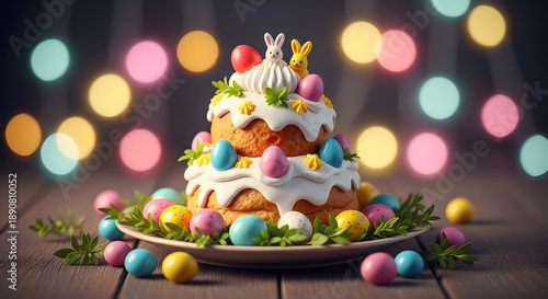 Easter cake with colorful eggs and white frosting
