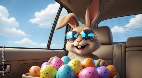 Easter bunny wearing sunglasses in a car with eggs