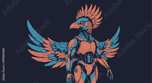 Futuristic robotic bird humanoid with vibrant blue and orange feathers.
