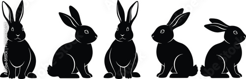 Rabbit silhouette row, black illustration, sitting pose, animal profile, white outline, bunny contour, pet icon, wildlife design, fur detail