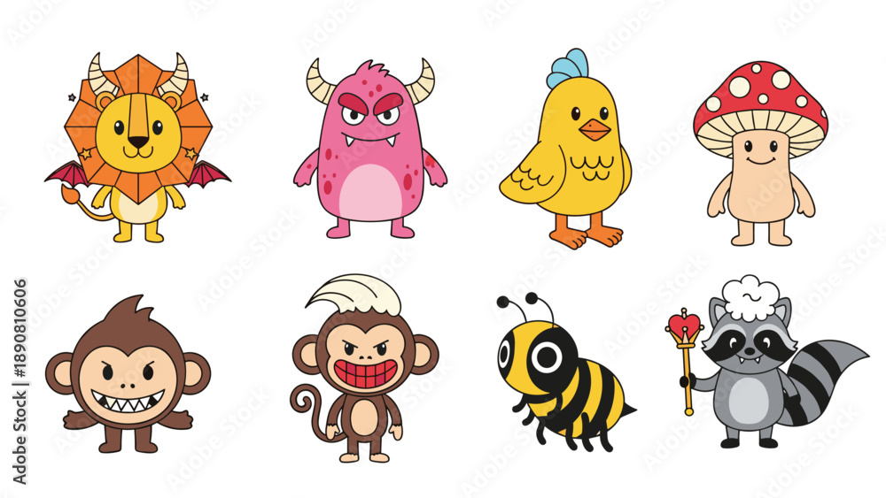 Fototapeta premium Whimsical set of cartoon monsters and funny animal characters including a winged lion mushroom man and a striped honey bee.