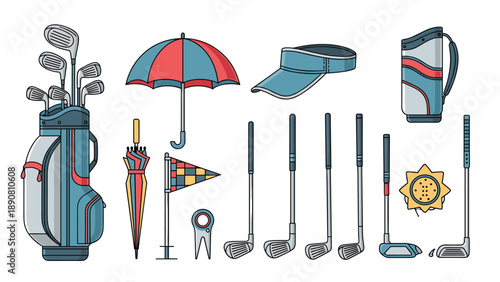 Detailed set of golf equipment illustrations including golf bags clubs umbrellas visors and tournament flags for athletes.