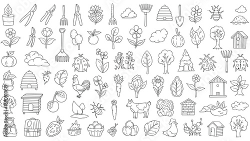 Extensive collection of gardening and farm life icons in a hand drawn sketch style featuring various tools plants and animals.