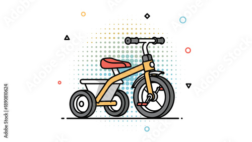 Retro style illustration of a classic yellow tricycle for children with a red seat and vintage dotted background for kids.