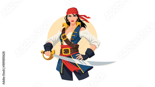 Bold illustration of a female pirate captain with a red bandana holding a cutlass in a confident and strong pirate stance.