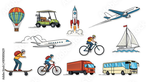 Collection of transportation stickers including airplanes bus truck rocket bicycle skateboard and hot air balloon for kids.
