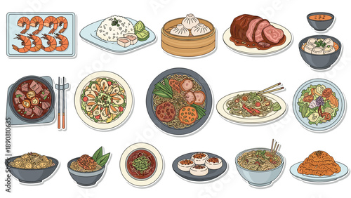 Large assortment of delicious Asian food dishes including noodles dumplings soup rice meat and seafood plates for restaurant.