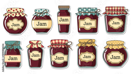 Variety of glass jam jars with colorful fruit preserves decorative lids and rustic labels on a clean white background for food.