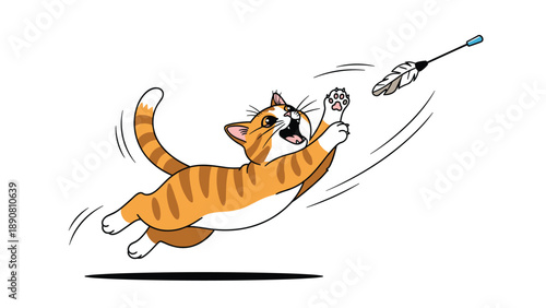Playful ginger tabby cat jumping high in the air to catch a feather toy on a string against a simple white background for pets.